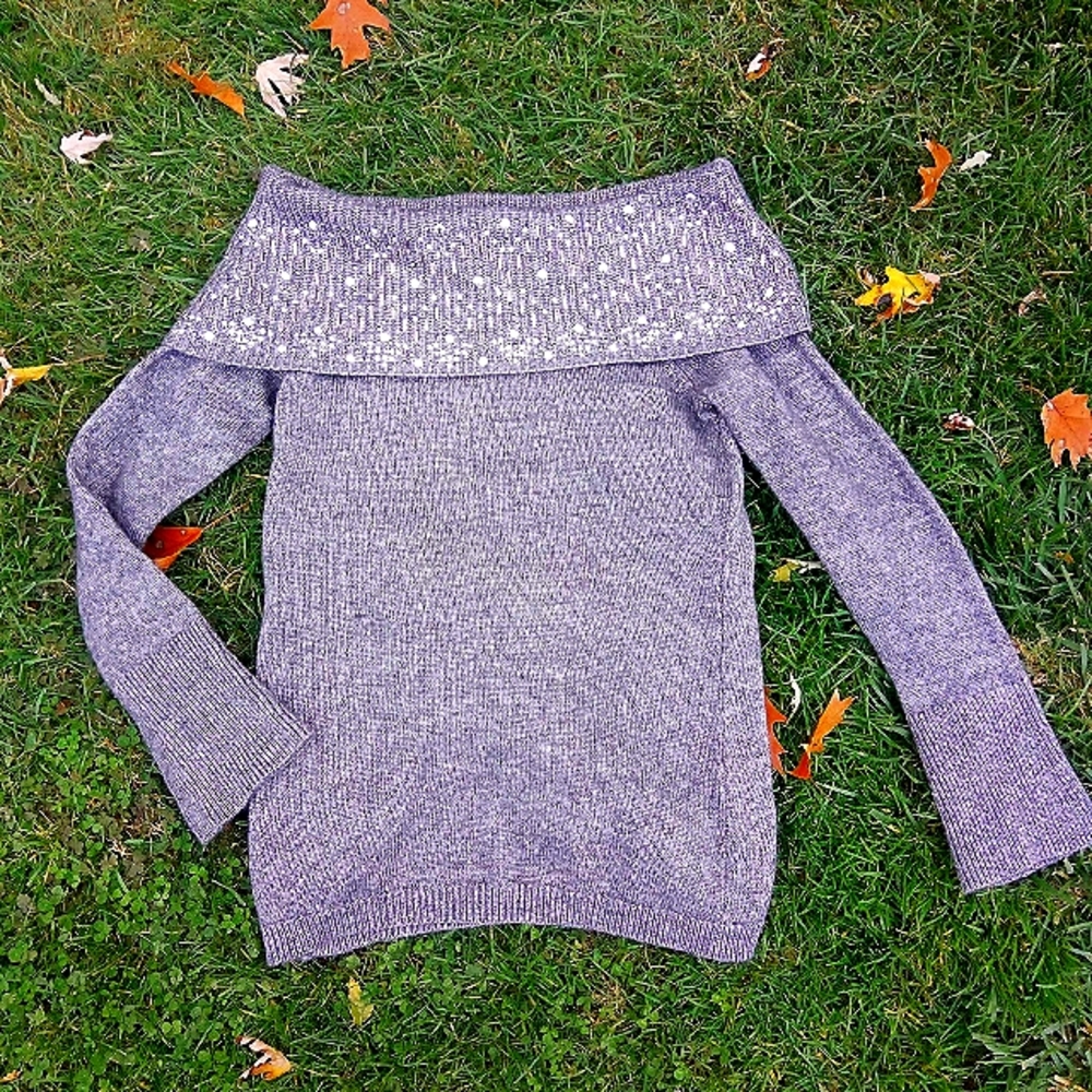 🖤 WH | BM Grey + Silver Studded Off Shoulder Sweater Xs - Picture 1 of 4